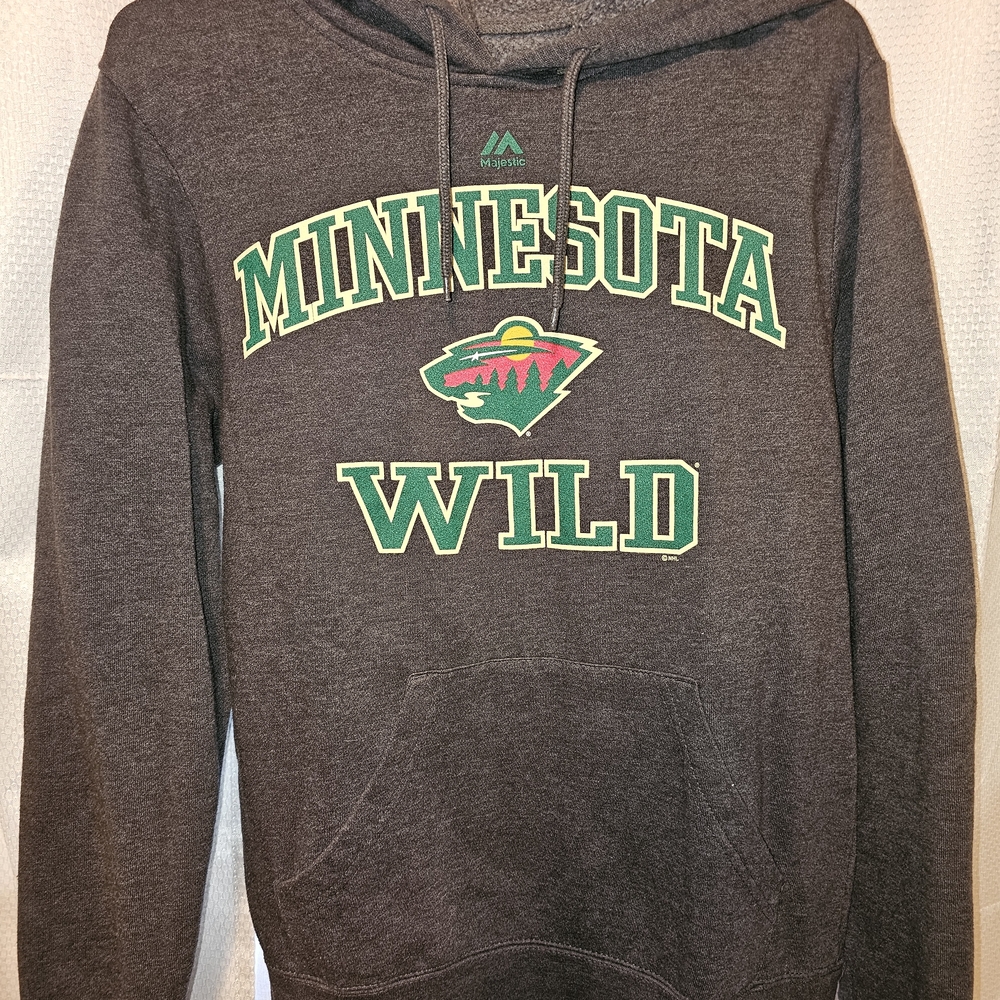 Majestic Minnesota Wild Charcoal Hooded Sweatshirt with Green and Red Logo